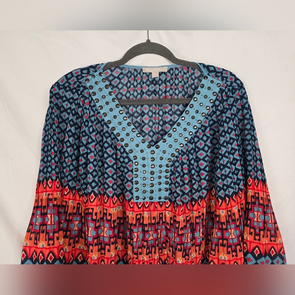 Woman Within Studded Southwestern Boho Pleated Peasant V-Neck Top sz 18/20 L - Picture 2 of 7